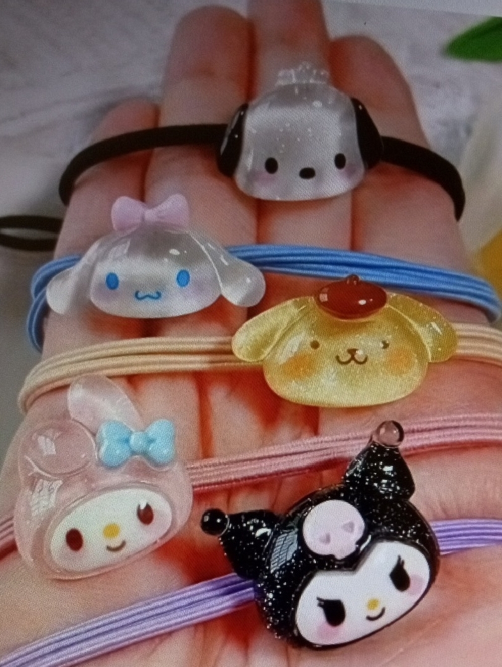 💲2⃣>>>Sanrio Character Hair Elasticsx5 Set in Black, Blue, Yellow, Pink, Purple